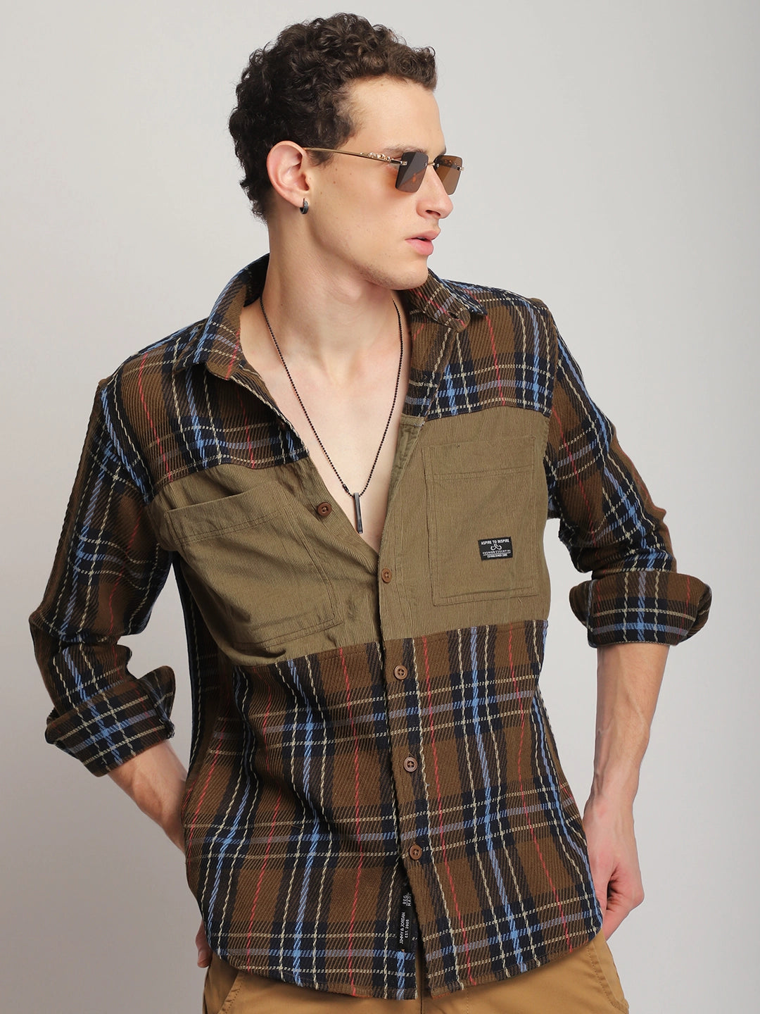 Brunswick Hues Corduroy Check Brown Full Sleeve Shirt