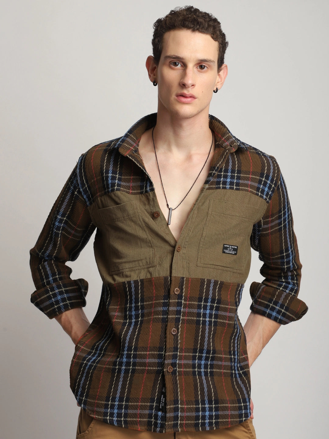 Brunswick Hues Corduroy Check Brown Full Sleeve Shirt