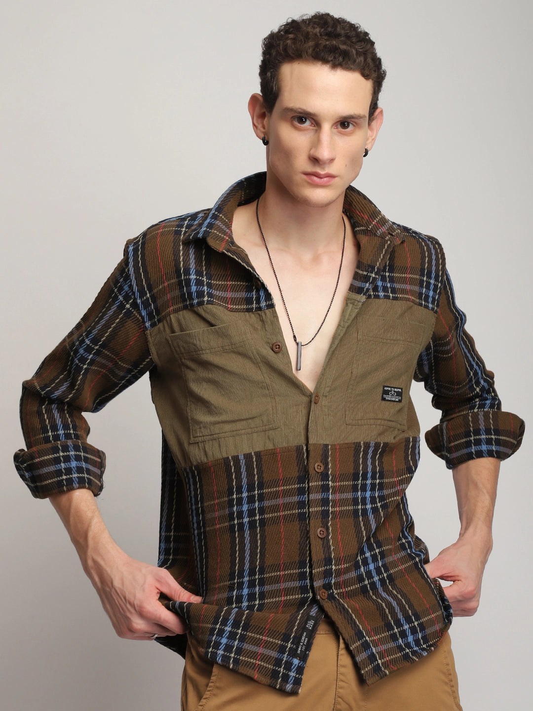 Brunswick Hues Corduroy Check Brown Full Sleeve Shirt