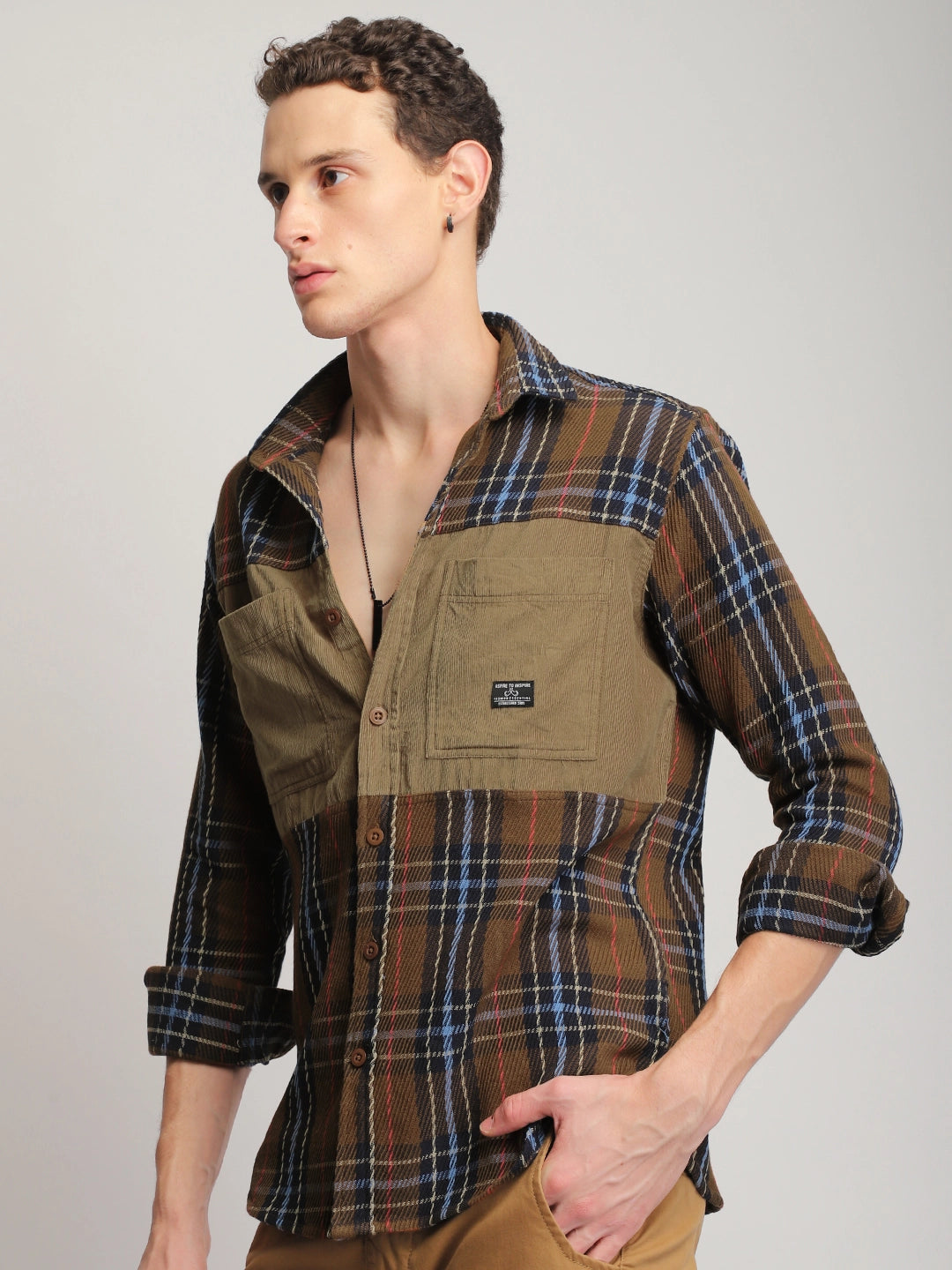 Brunswick Hues Corduroy Check Brown Full Sleeve Shirt