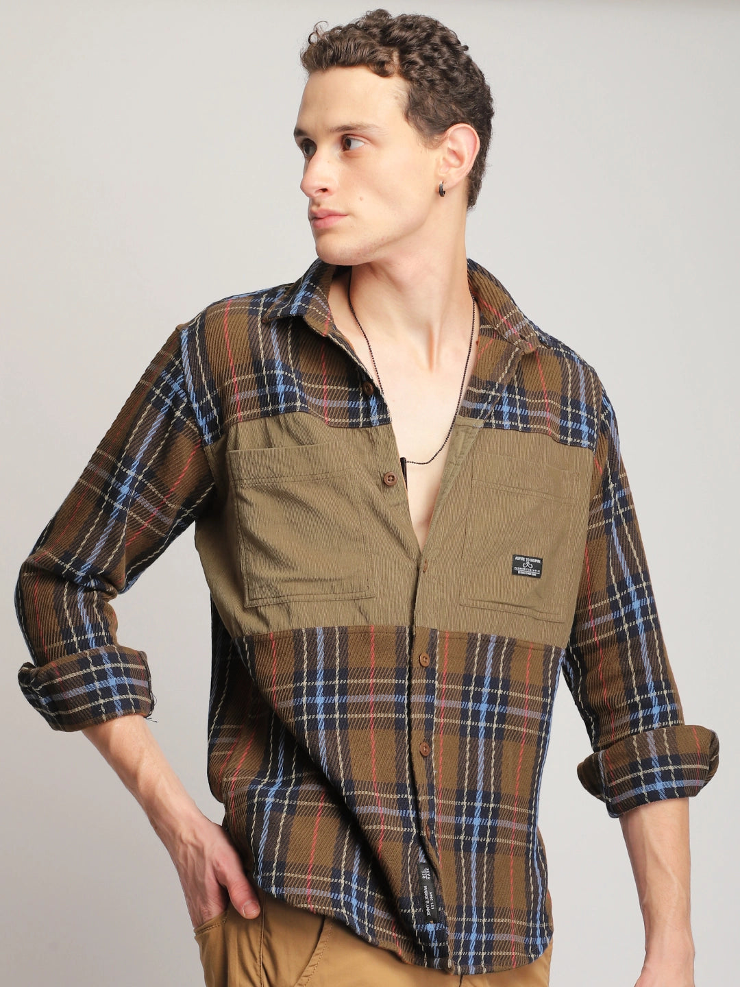 Brunswick Hues Corduroy Check Brown Full Sleeve Shirt