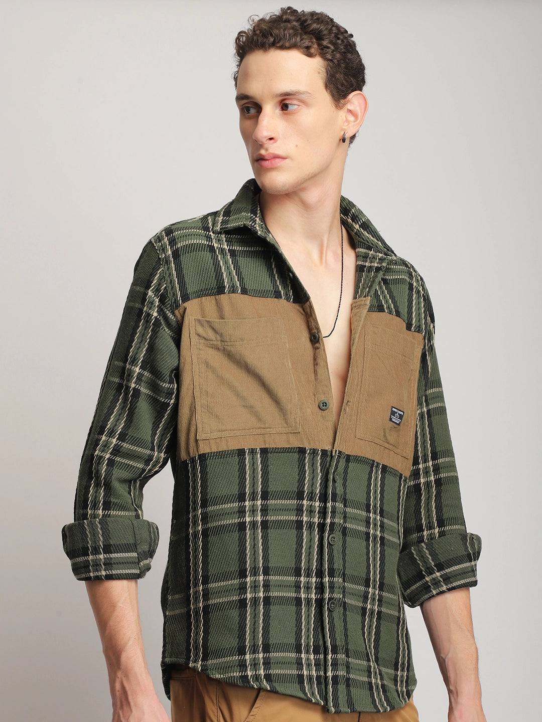 Brunswick Hues Corduroy Check Olive Green Full Sleeve Shirt