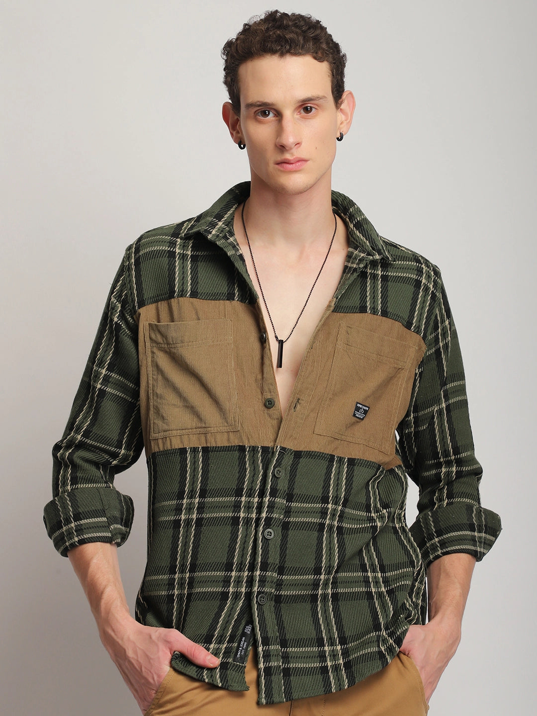 Brunswick Hues Corduroy Check Olive Green Full Sleeve Shirt