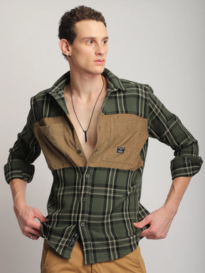 Brunswick Hues Corduroy Check Olive Green Full Sleeve Shirt