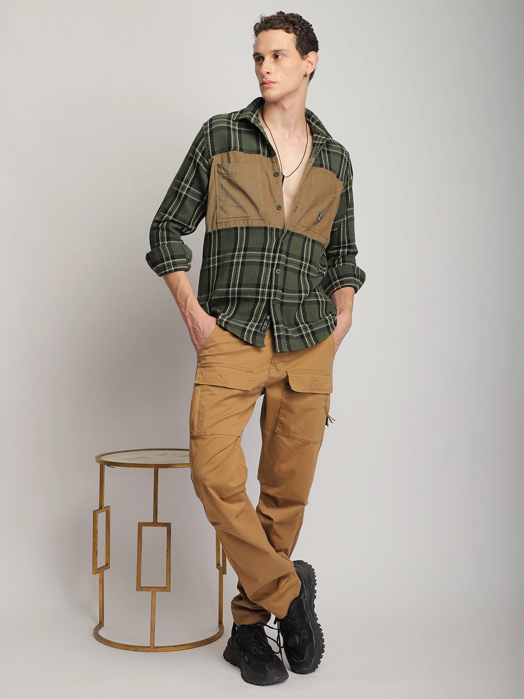 Brunswick Hues Corduroy Check Olive Green Full Sleeve Shirt