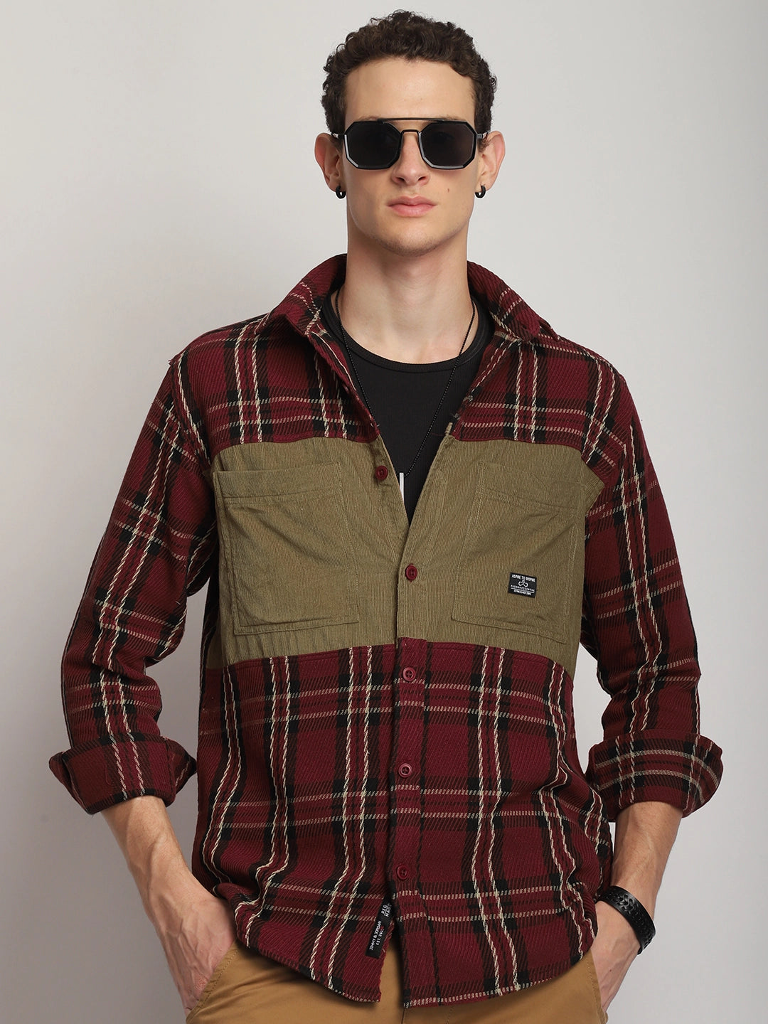 Brunswick Hues Corduroy Check Wine Full Sleeve Shirt