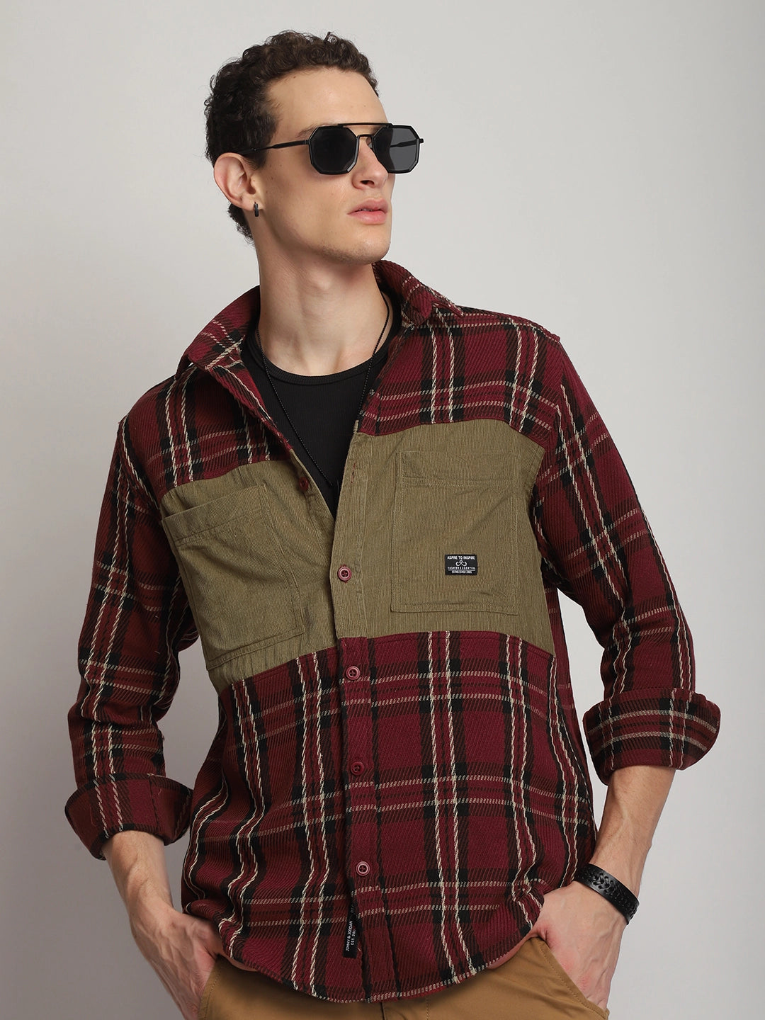 Brunswick Hues Corduroy Check Wine Full Sleeve Shirt