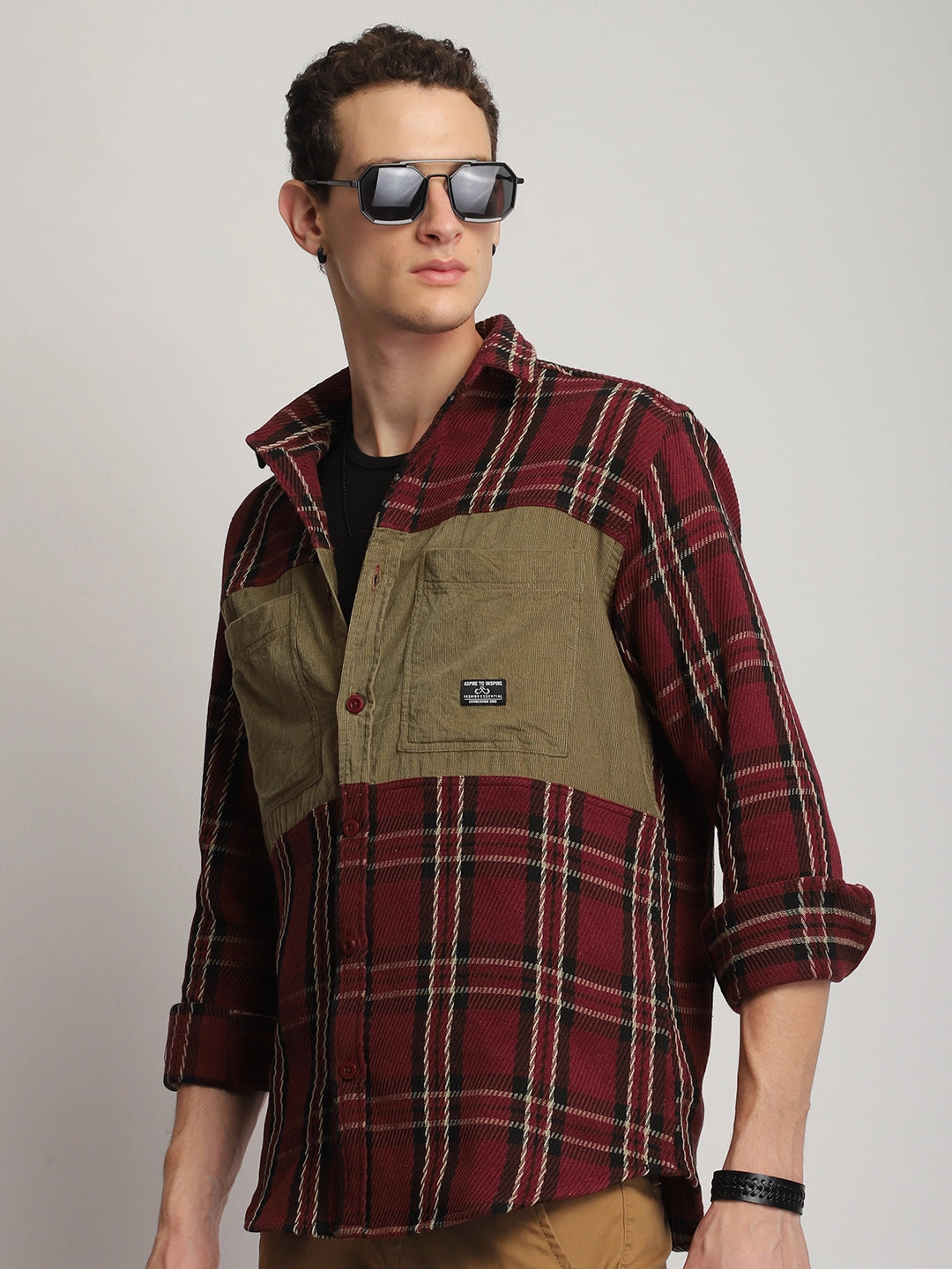 Brunswick Hues Corduroy Check Wine Full Sleeve Shirt