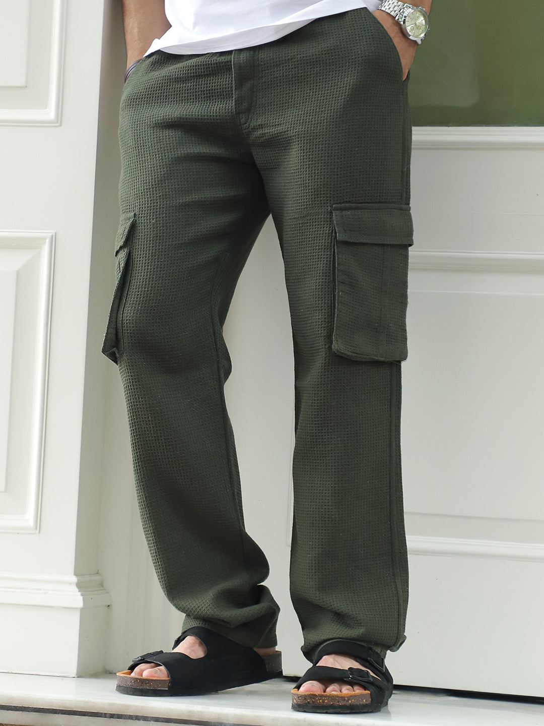 Tavrix Olive Green Baggy Fit Textured Trousers