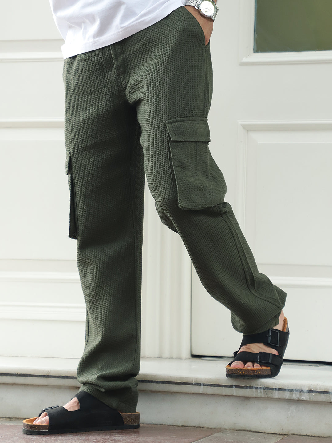 Tavrix Olive Green Baggy Fit Textured Trousers