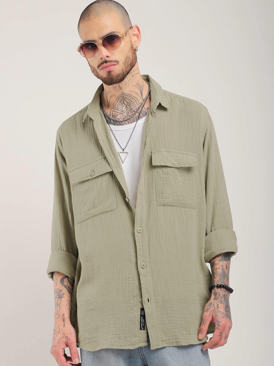 Eton Drift Double Clothe Khaki Full Sleeve Shirt