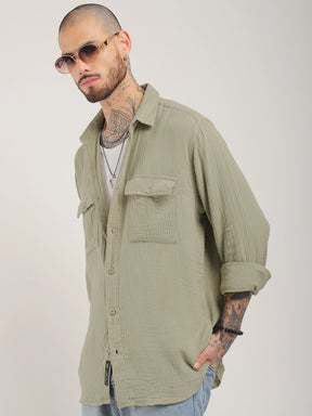 Eton Drift Double Clothe Khaki Full Sleeve Shirt