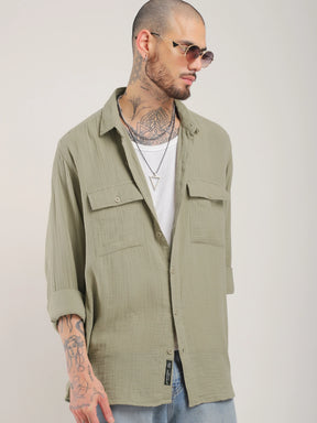 Eton Drift Double Clothe Khaki Full Sleeve Shirt