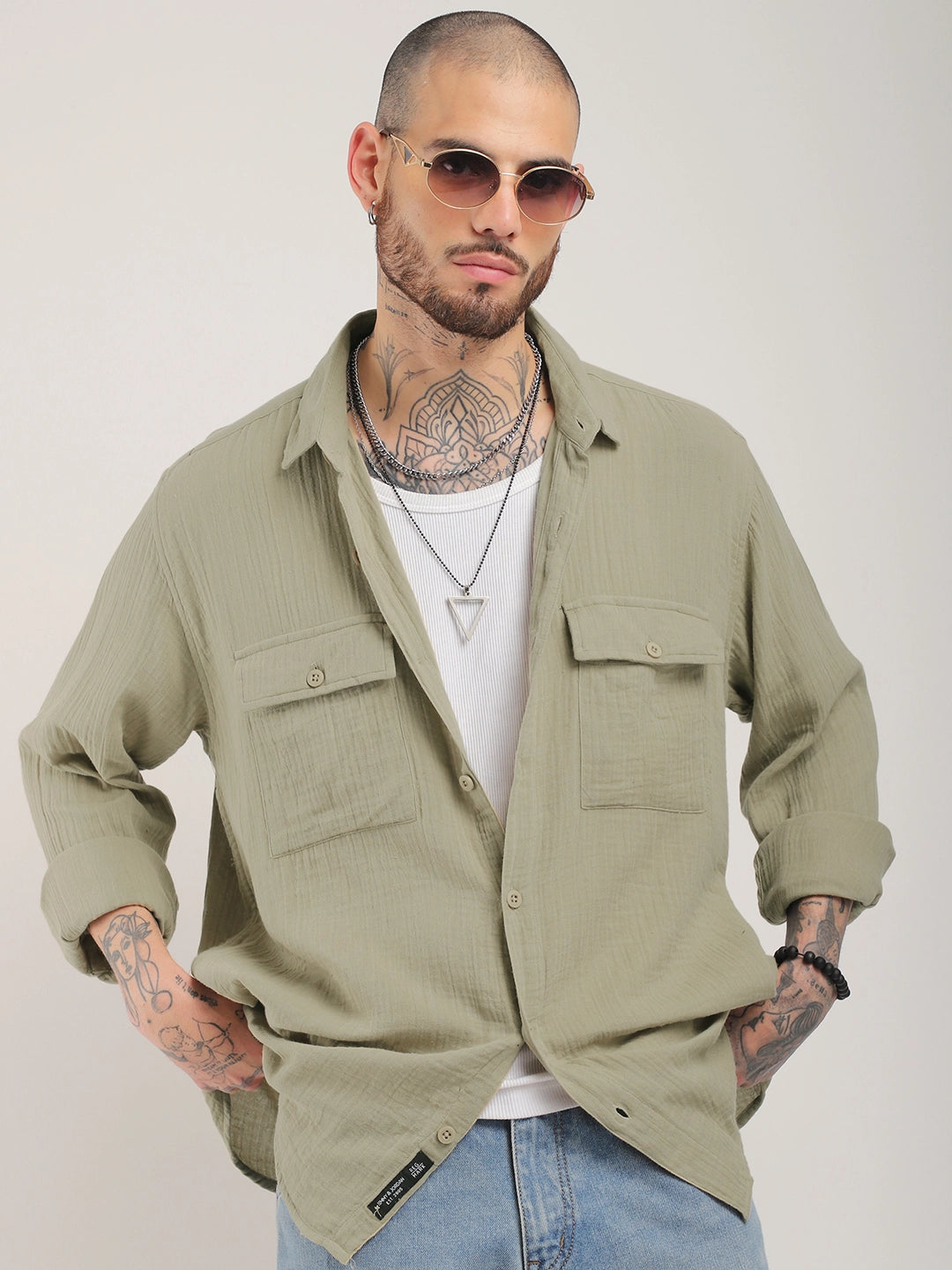 Eton Drift Double Clothe Khaki Full Sleeve Shirt