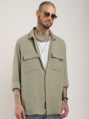 Eton Drift Double Clothe Khaki Full Sleeve Shirt