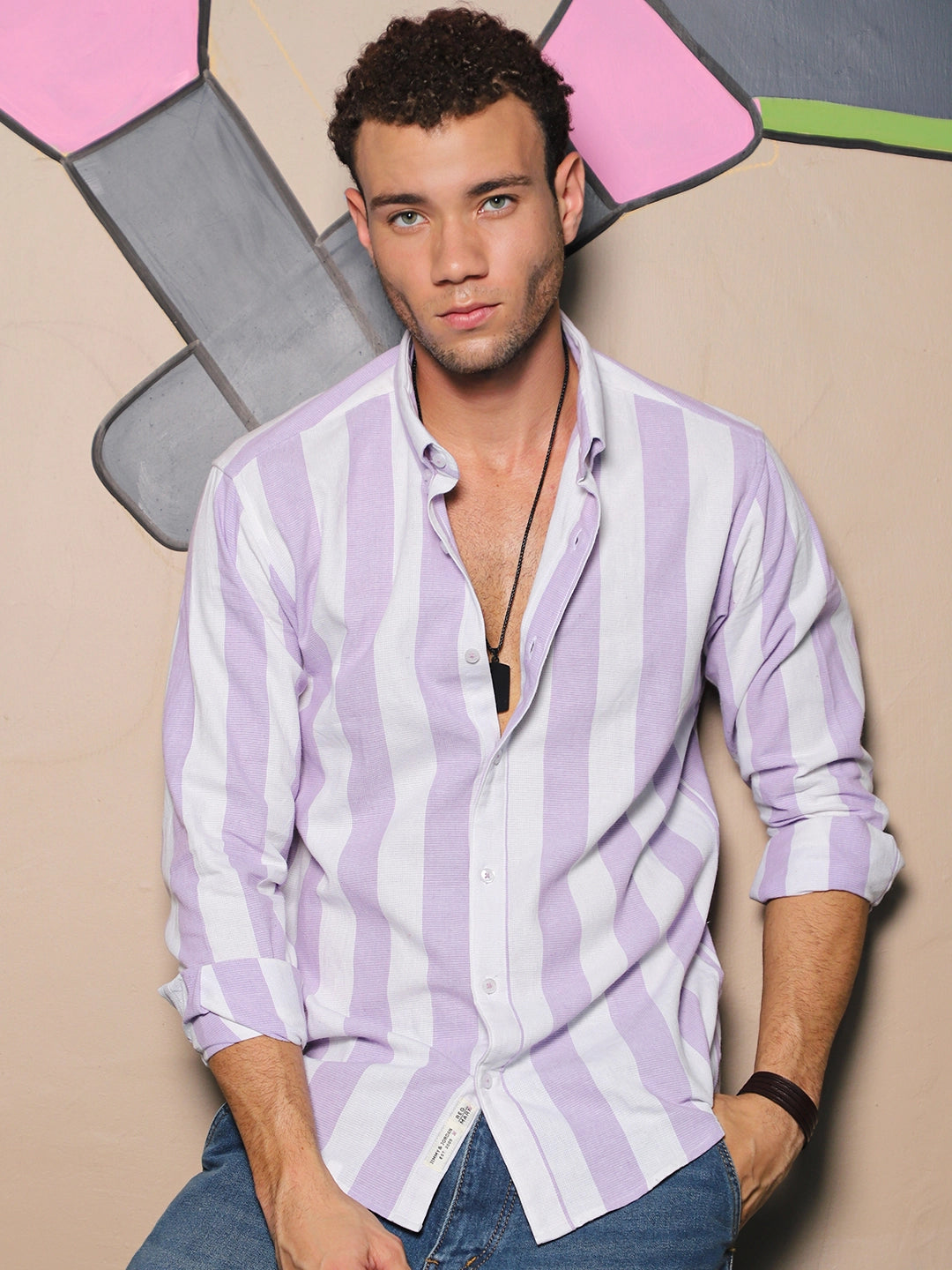 Oaken Espresso Lavender Stripe Linen Shirt
