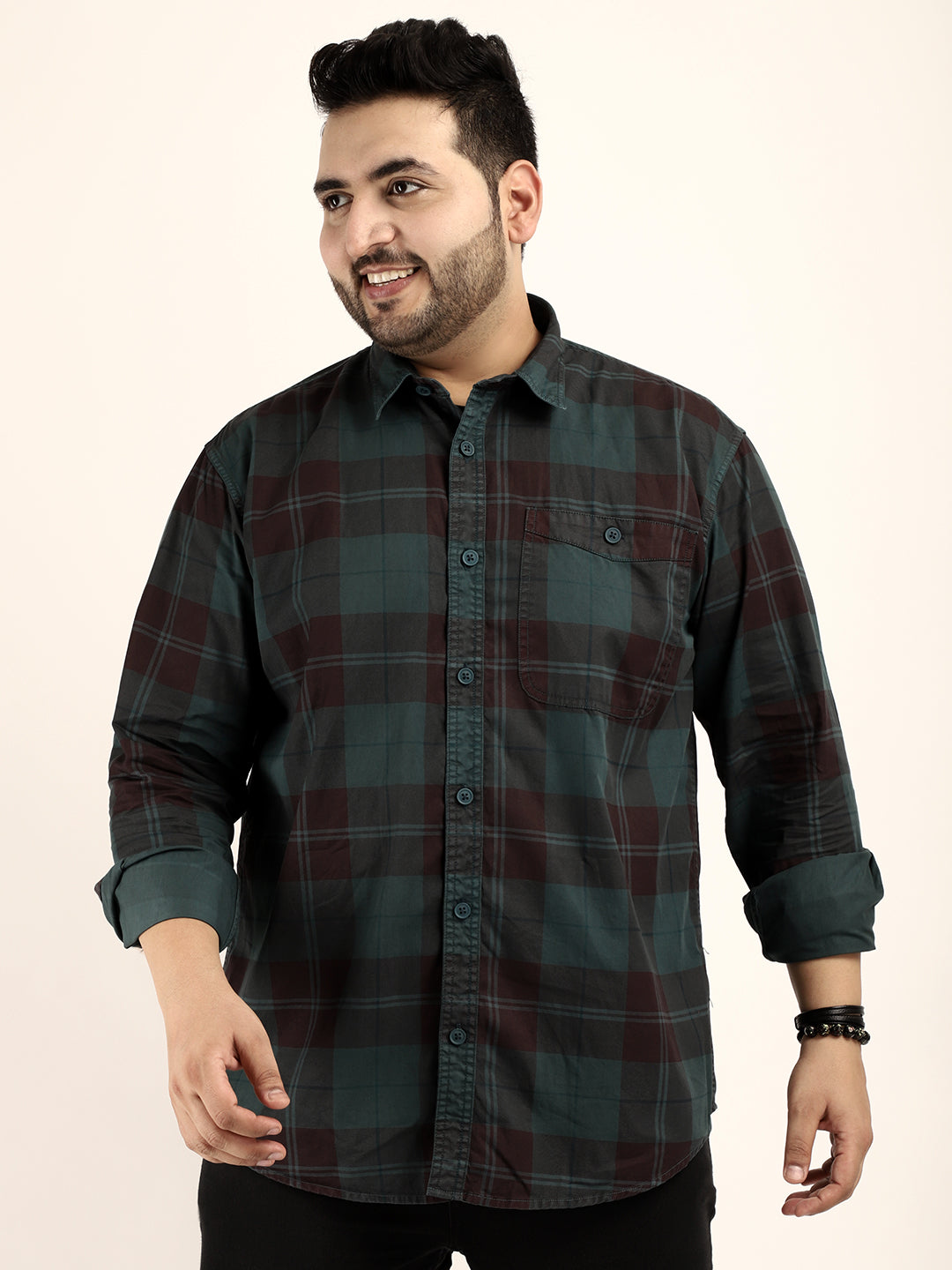 Mini Check Teal Full Sleeve Plus Size Shirt