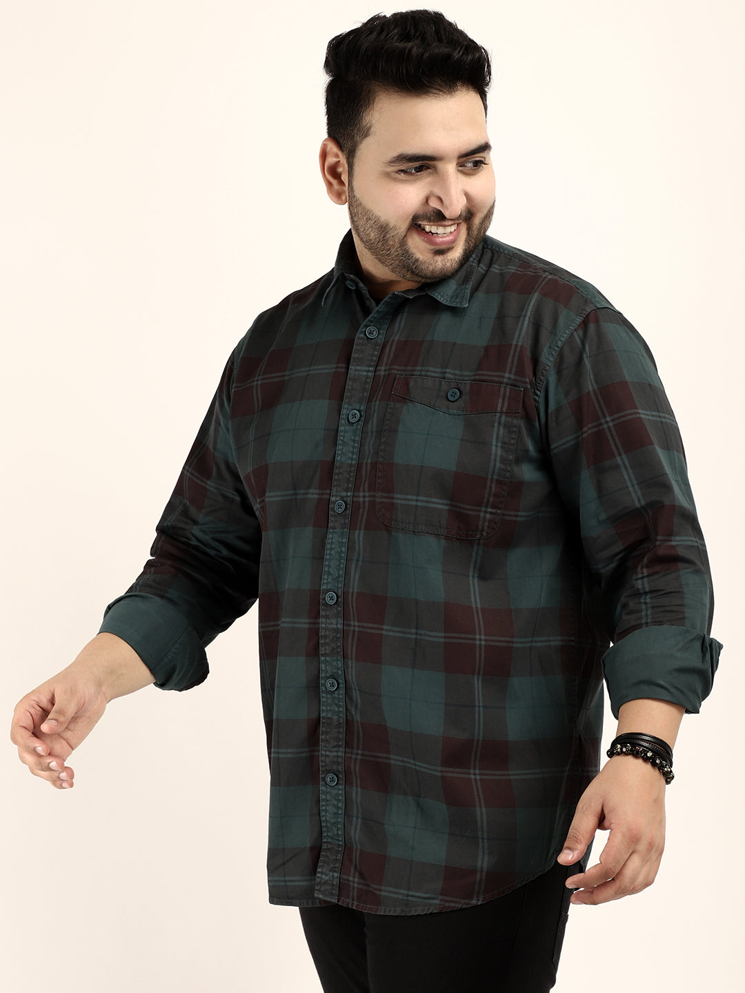 Mini Check Teal Full Sleeve Plus Size Shirt