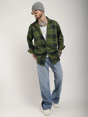 Duchess Weave Olive Green Washed Check Full Sleeve Shirt