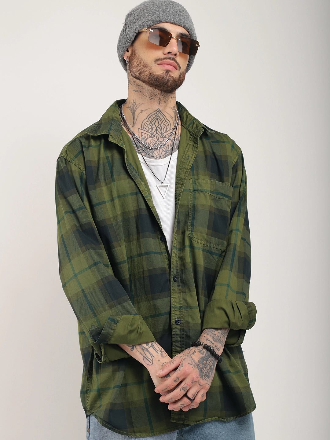 Duchess Weave Olive Green Washed Check Full Sleeve Shirt