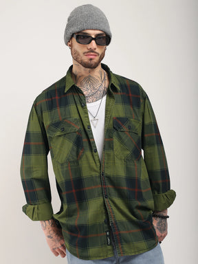 Onyx Fit Washed Check Olive Red Full Sleeve Shirt