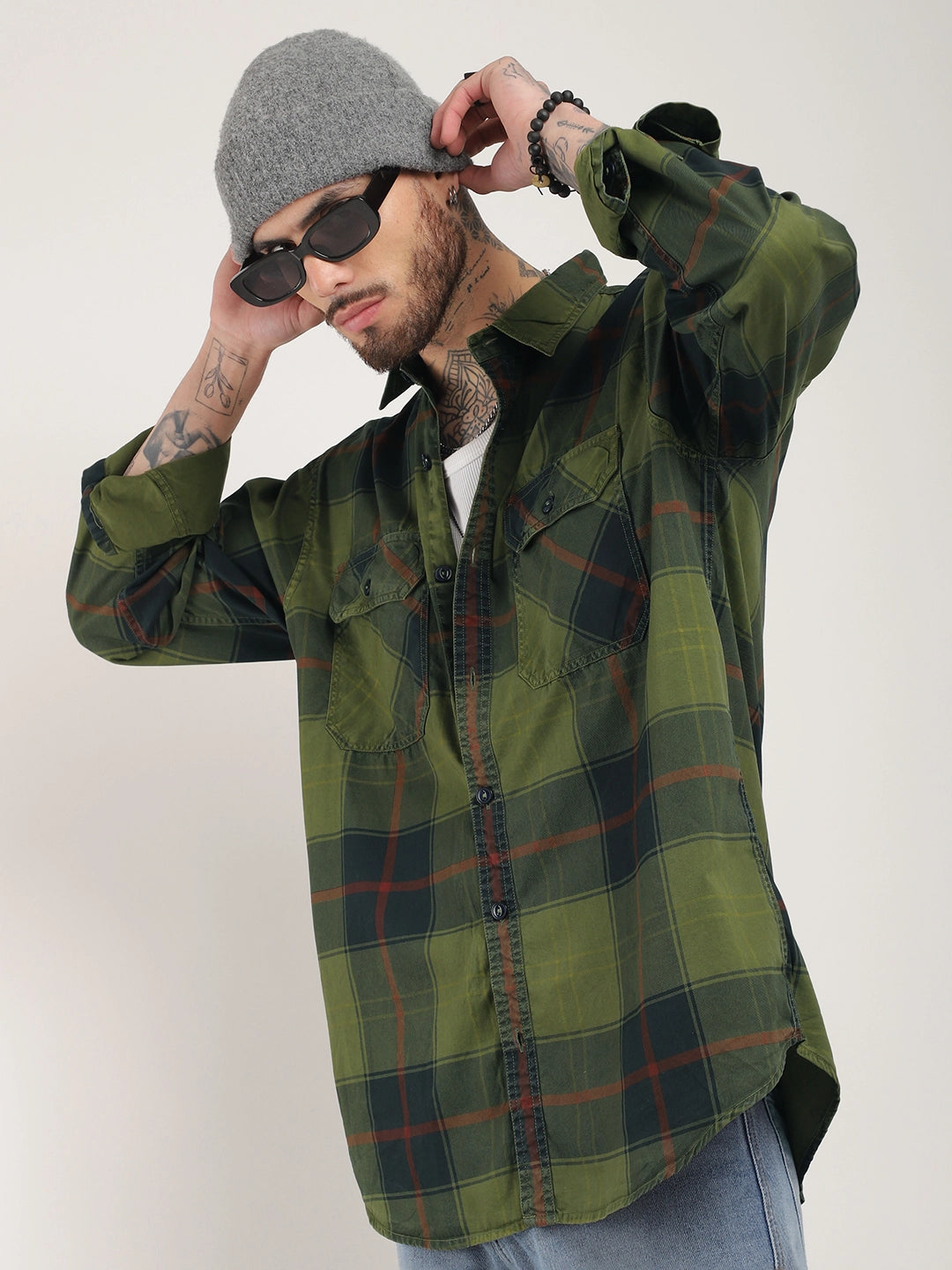 Onyx Fit Washed Check Olive Red Full Sleeve Shirt