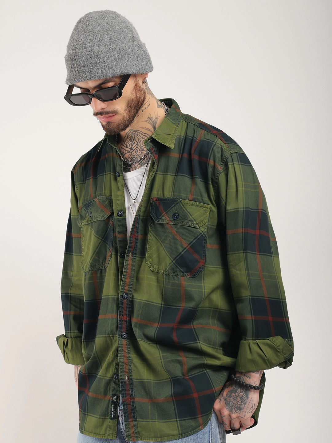 Onyx Fit Washed Check Olive Red Full Sleeve Shirt