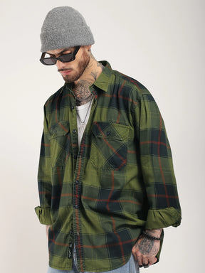 Onyx Fit Washed Check Olive Red Full Sleeve Shirt