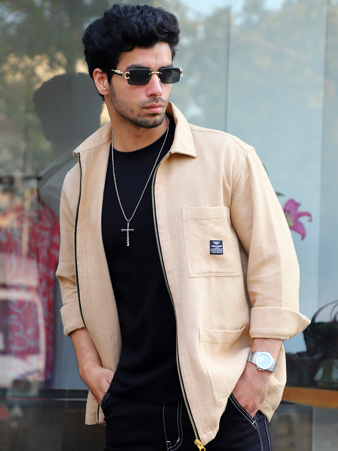 Honey Drift Beige Ribbed Shacket