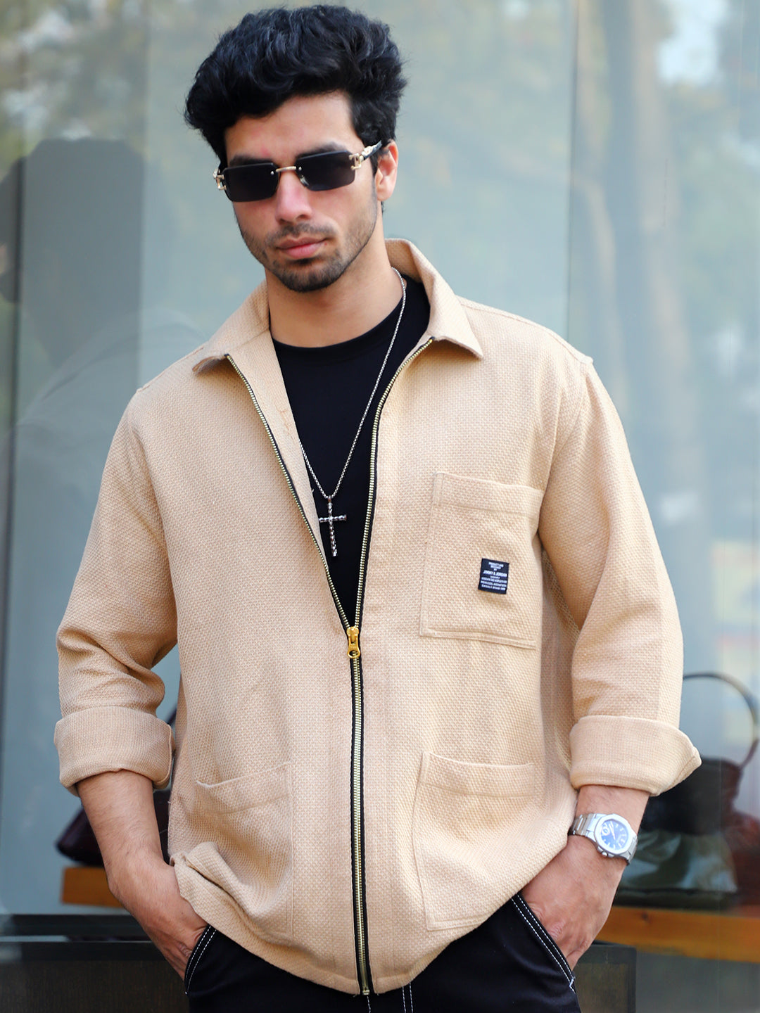 Honey Drift Beige Ribbed Shacket