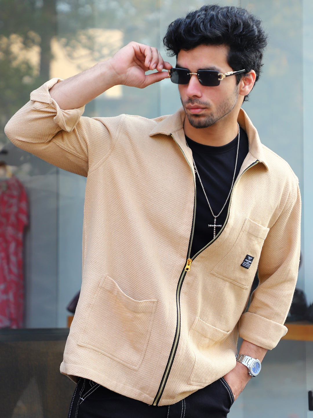 Honey Drift Beige Ribbed Shacket