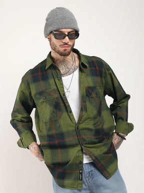 Onyx Fit Washed Check Olive Red Full Sleeve Shirt