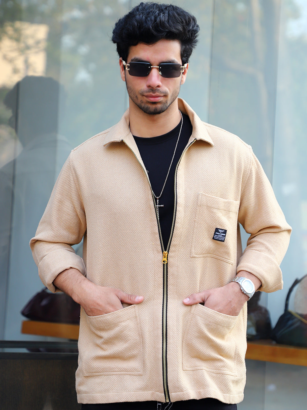 Honey Drift Beige Ribbed Shacket