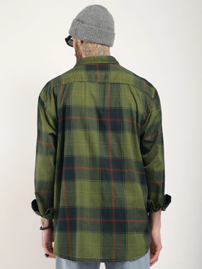 Onyx Fit Washed Check Olive Red Full Sleeve Shirt