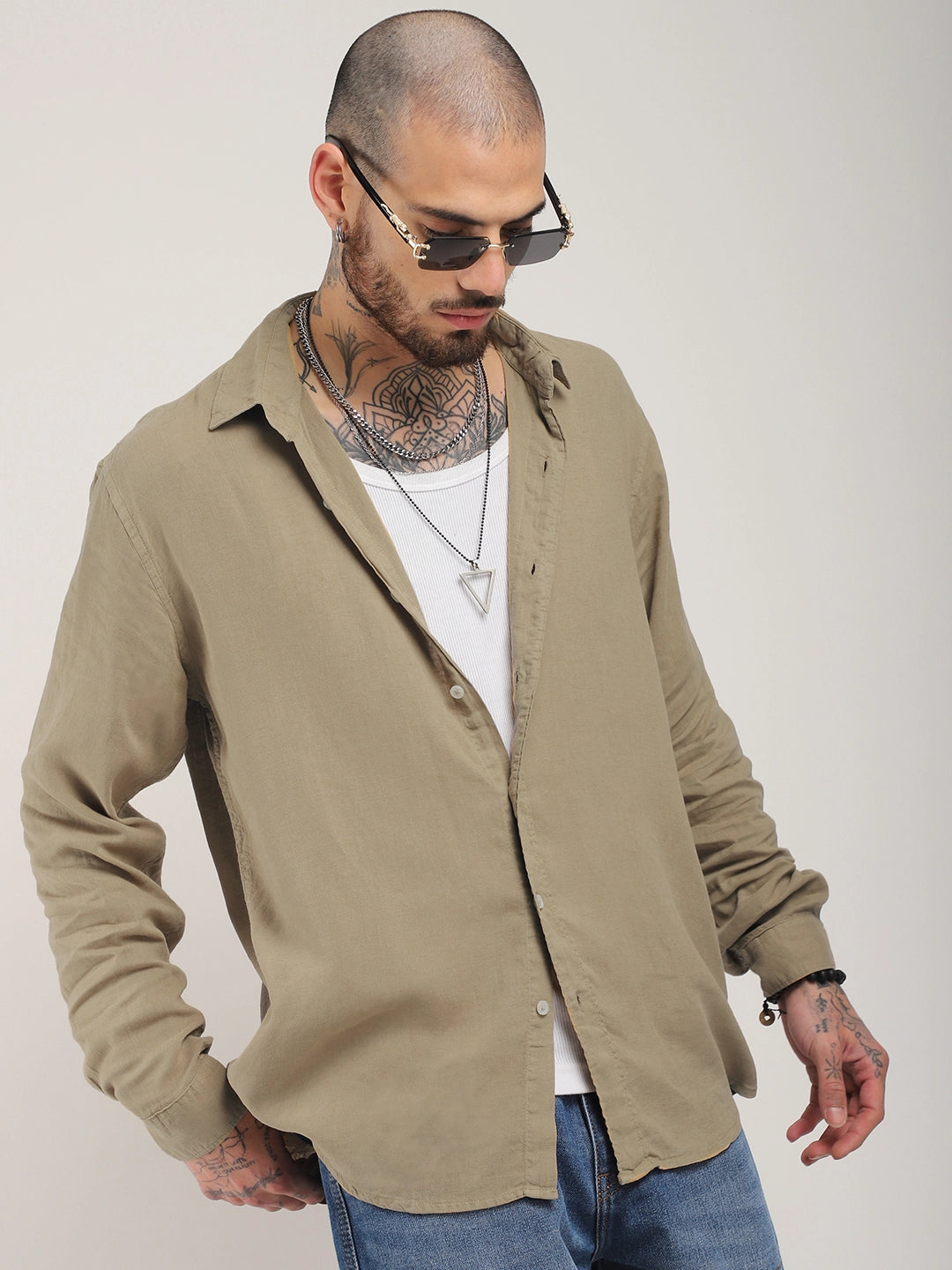 Luxe Lineage Organic Linen Khaki Full Sleeve Shirt