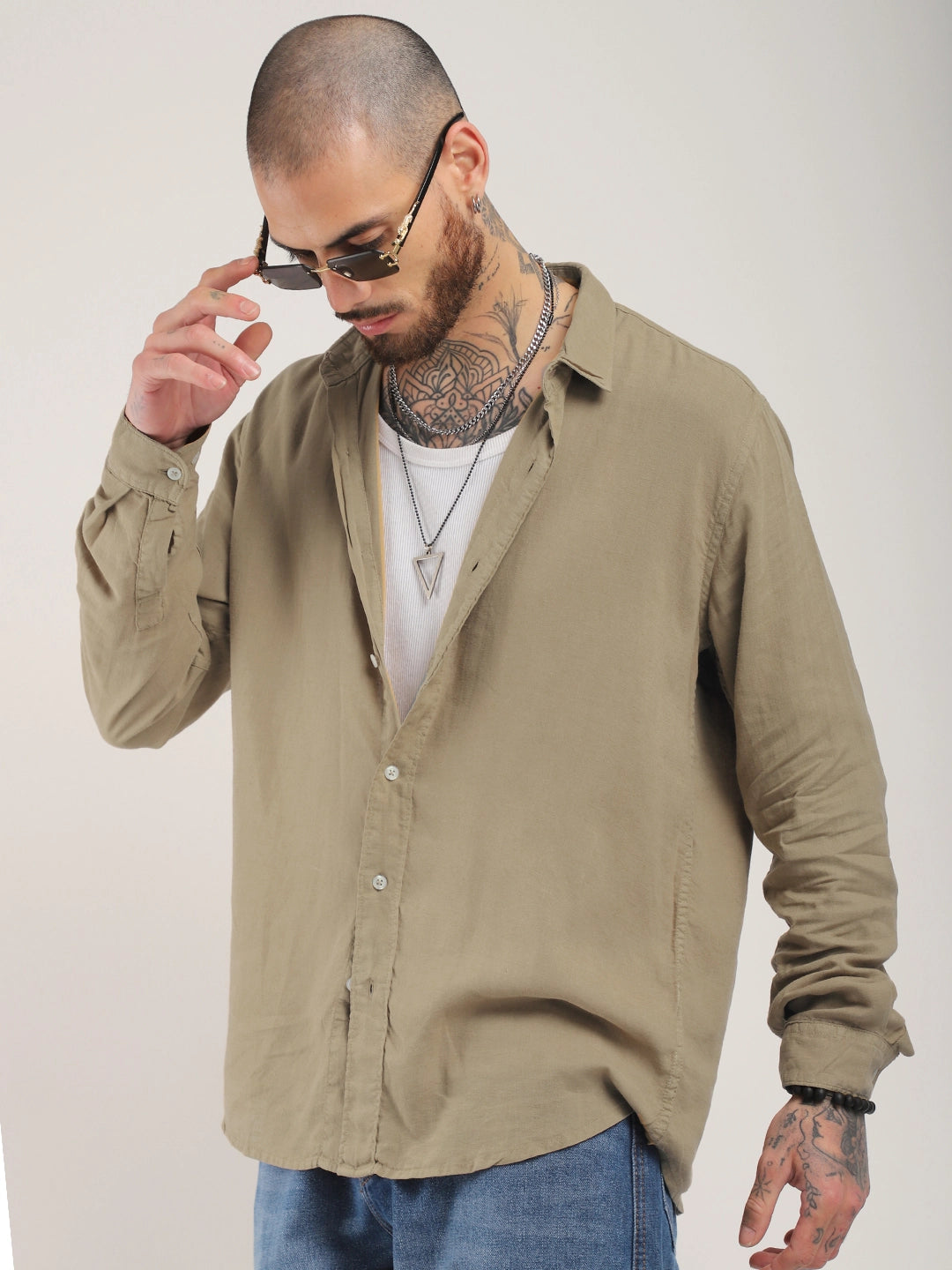 Luxe Lineage Organic Linen Khaki Full Sleeve Shirt