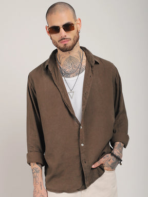 Luxe Lineage Organic Linen Brown Full Sleeve Shirt