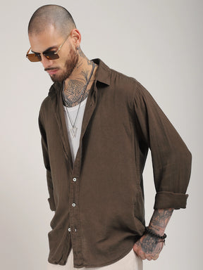 Luxe Lineage Organic Linen Brown Full Sleeve Shirt