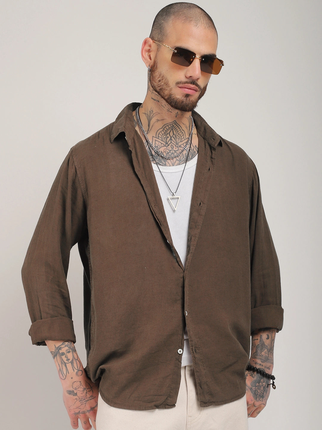 Luxe Lineage Organic Linen Brown Full Sleeve Shirt