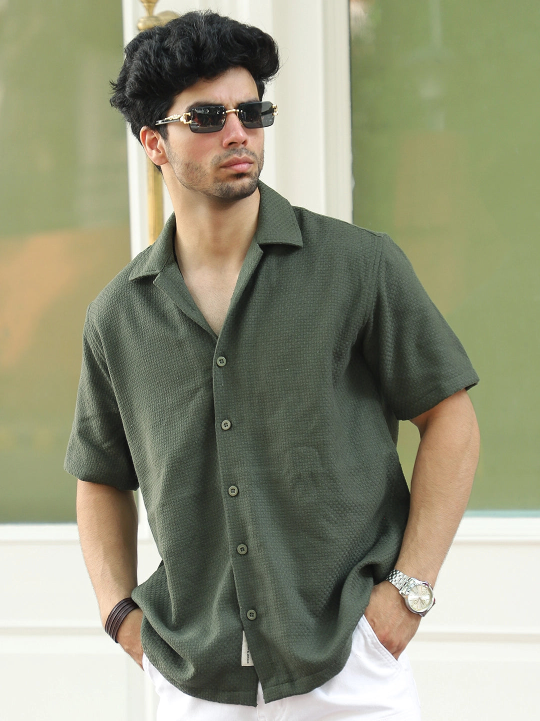 Tactile Textured Olive Green Half Sleeve Shirt