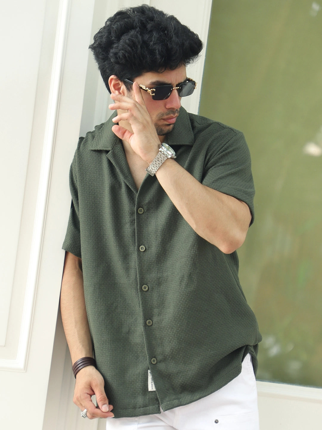 Tactile Textured Olive Green Half Sleeve Shirt