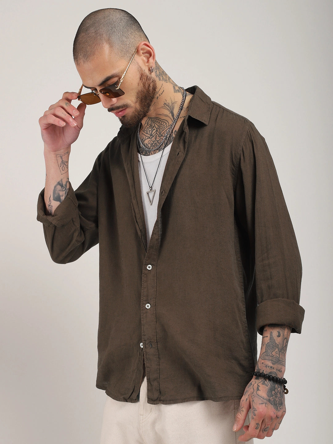 Luxe Lineage Organic Linen Brown Full Sleeve Shirt