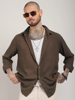 Luxe Lineage Organic Linen Brown Full Sleeve Shirt