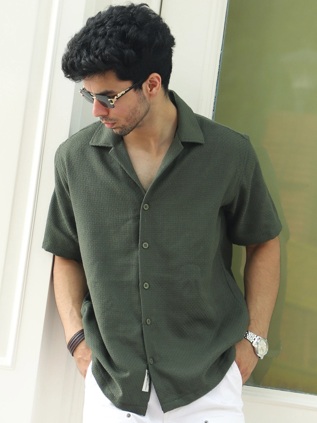 Tactile Textured Olive Green Half Sleeve Shirt