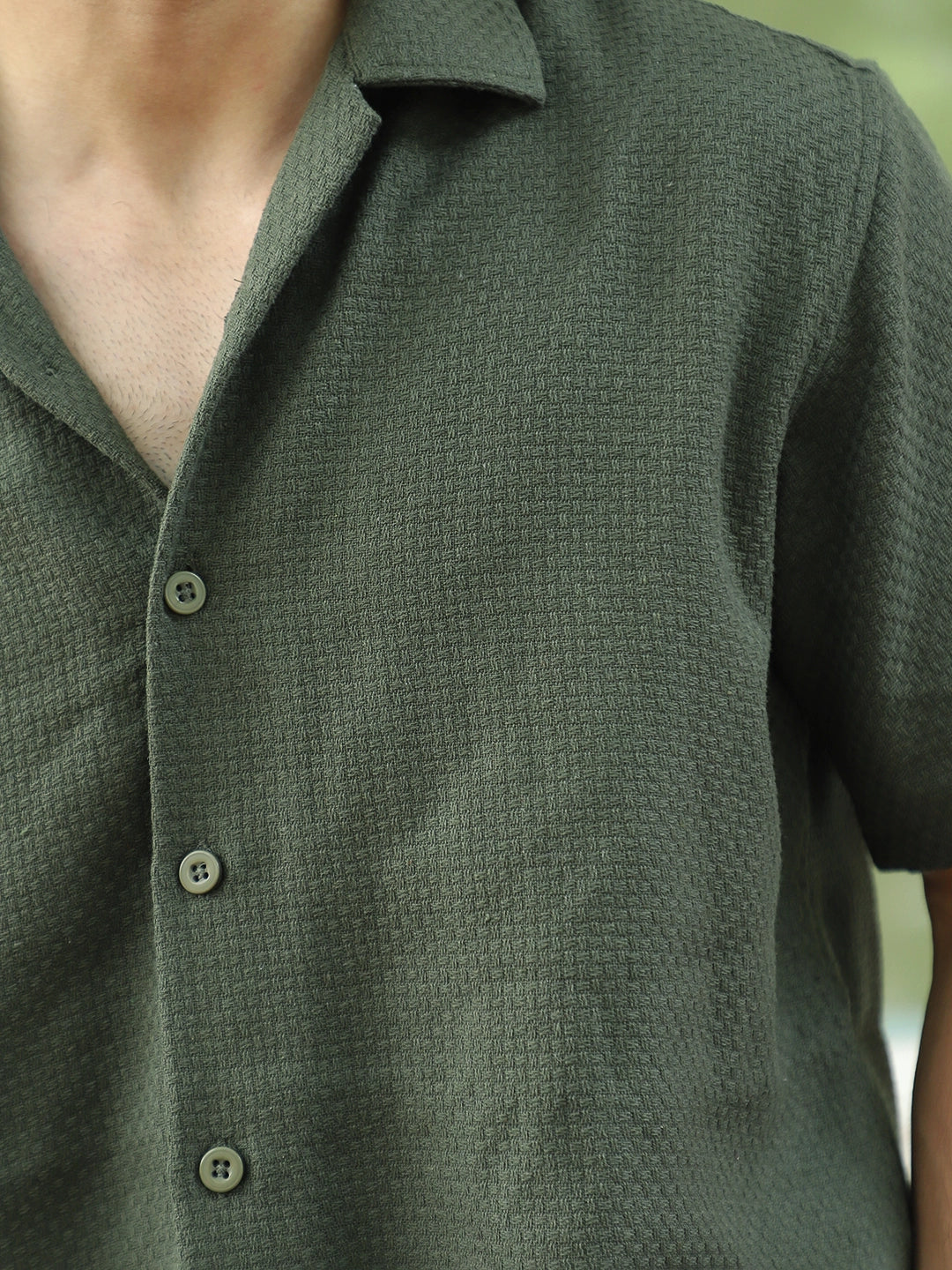 Tactile Textured Olive Green Half Sleeve Shirt