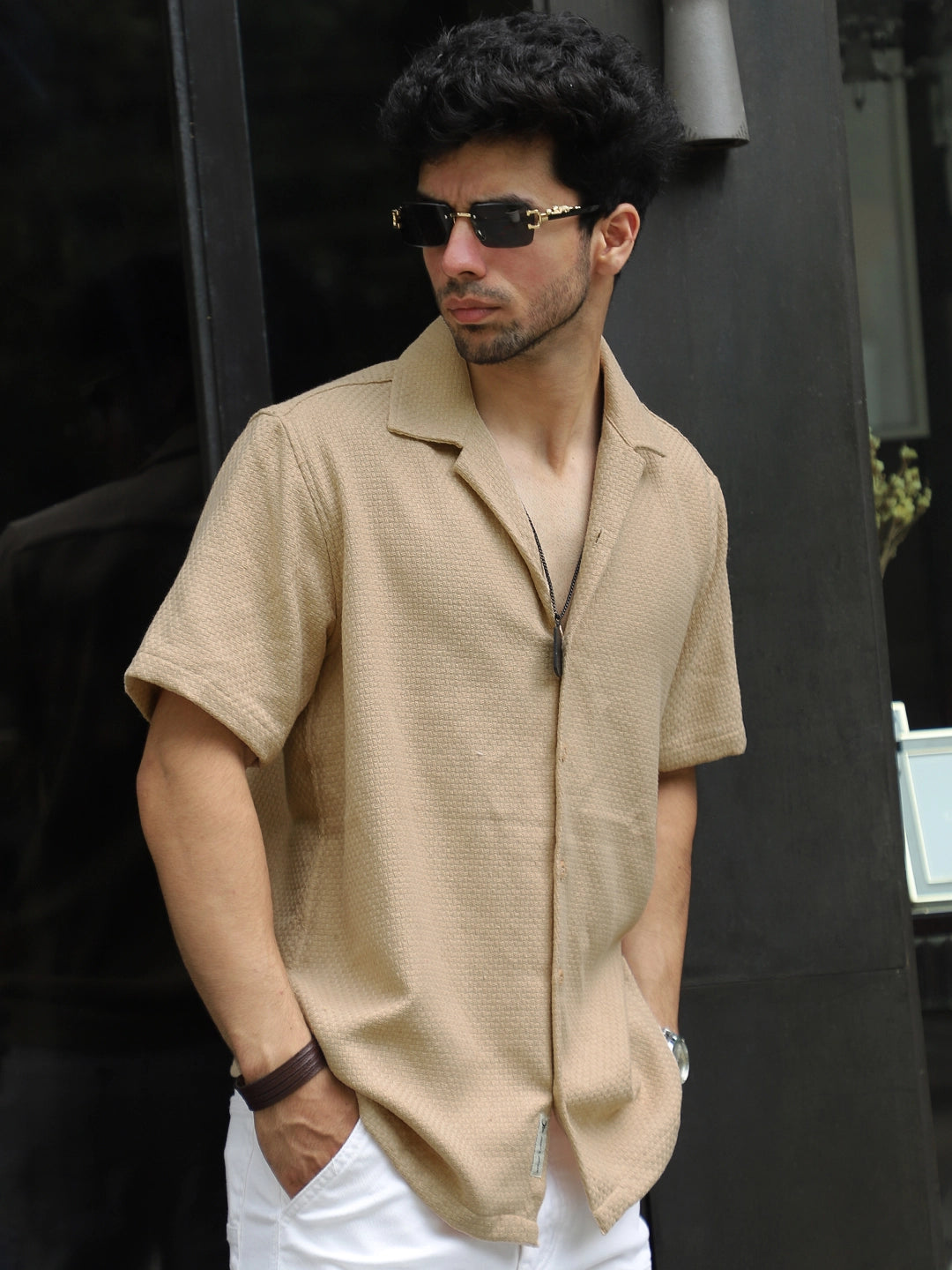 Tactile Textured Beige Half Sleeve Shirt