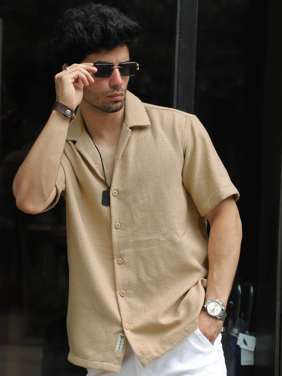 Tactile Textured Beige Half Sleeve Shirt