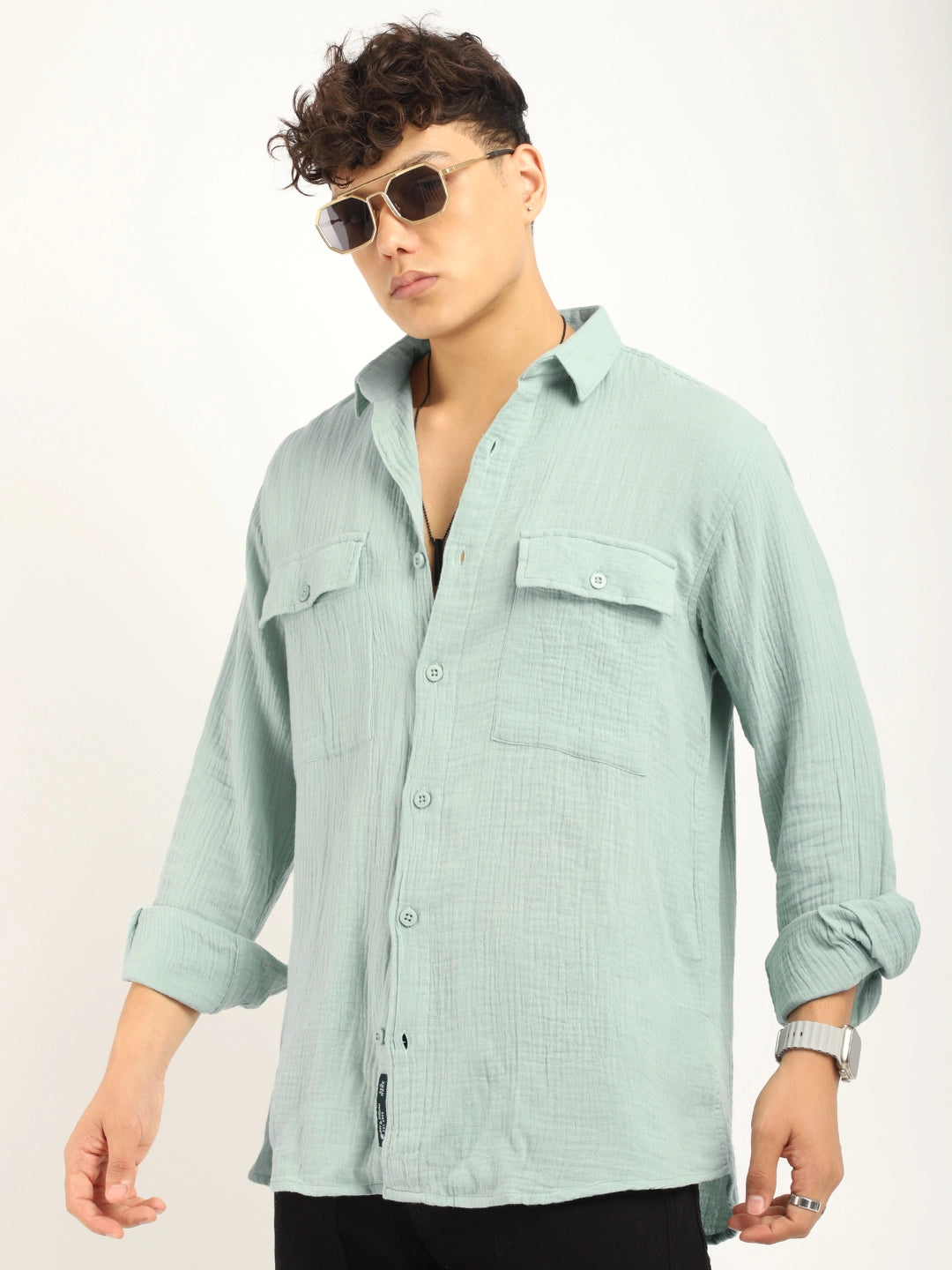 Fabric Lucas Double Clothe Sea Green Full Sleeve Shirt