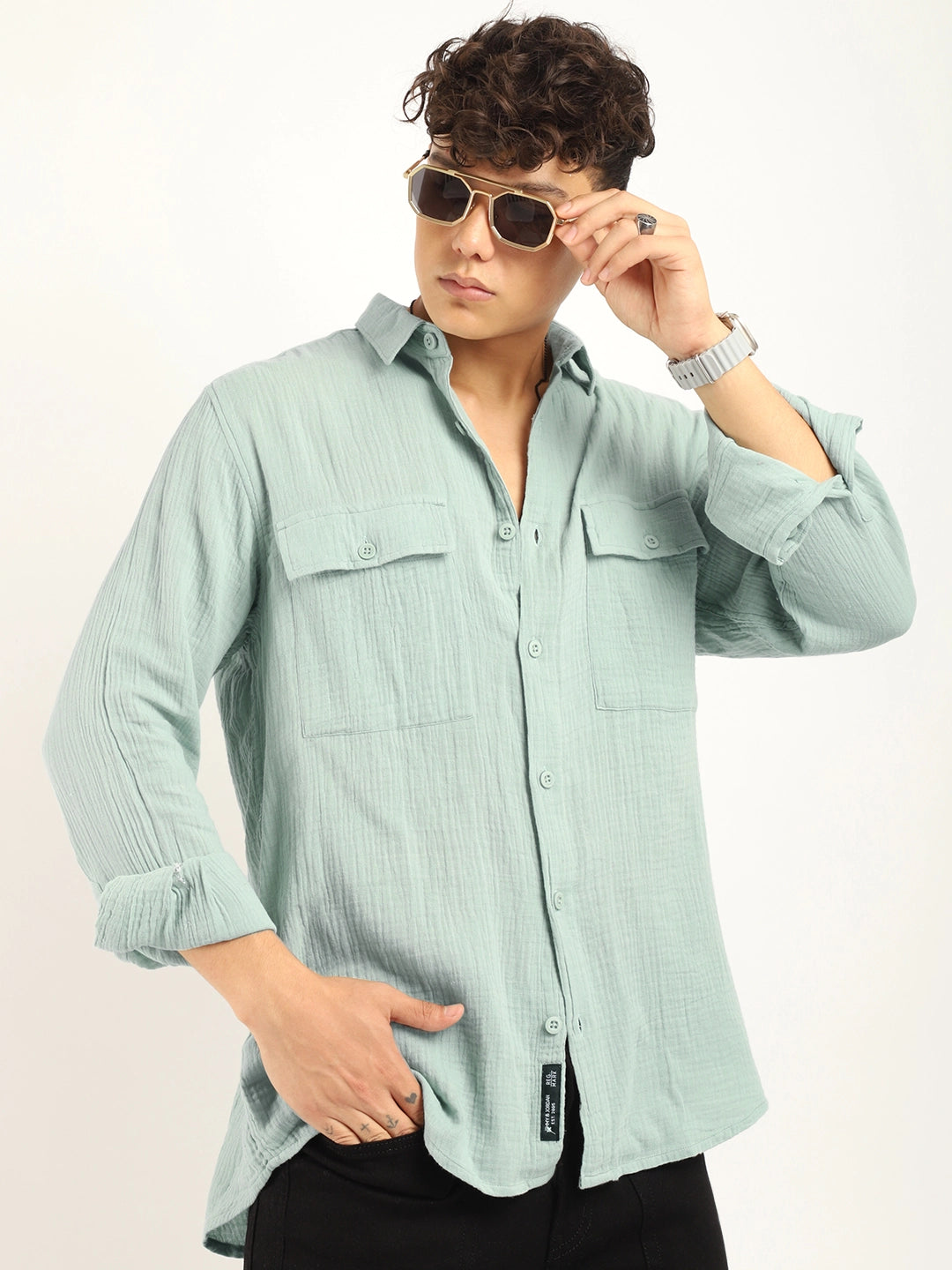 Fabric Lucas Double Clothe Sea Green Full Sleeve Shirt