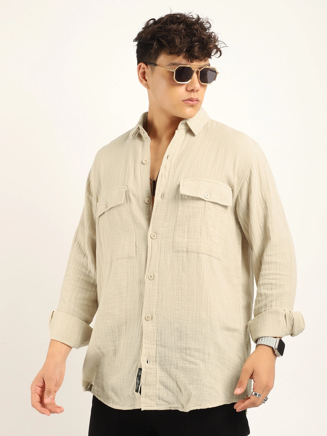 Fabric Lucas Double Clothe Beige Full Sleeve Shirt